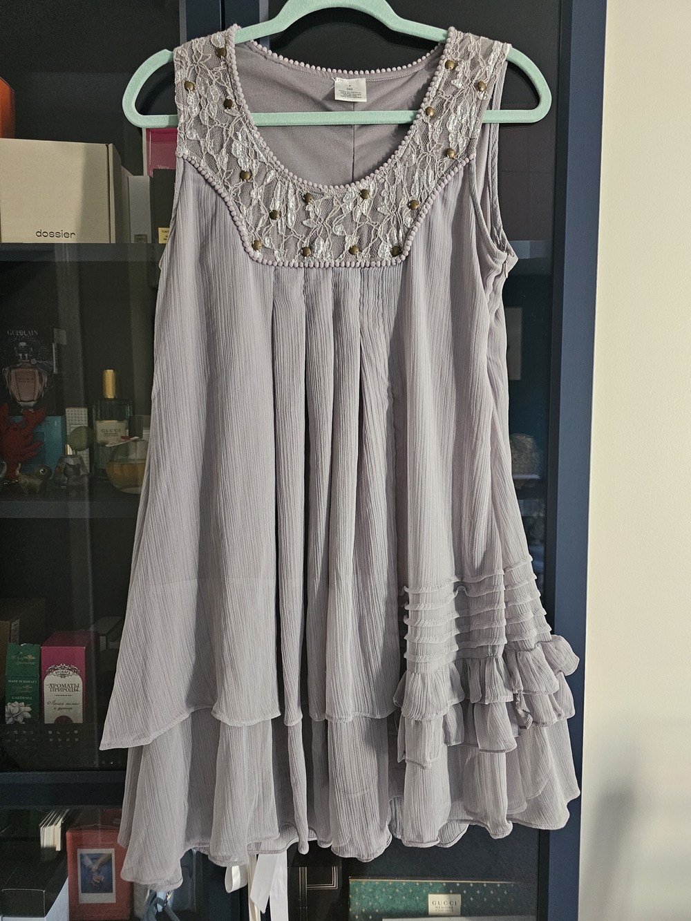 Sleeveless Pale Lavender Embroidered Yoke Tiered Mini Dress